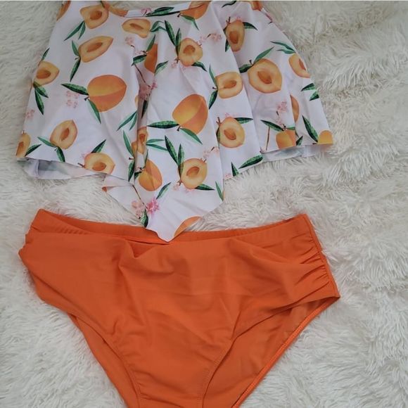 Plus size 2pcs set women biki the very high quality swimming printed ruffle peac - Picture 2 of 8